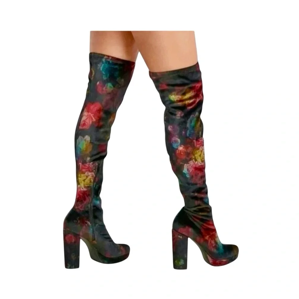 Madden Girl Groopie Black Velvet Floral Over-the-Knee Platform Boots